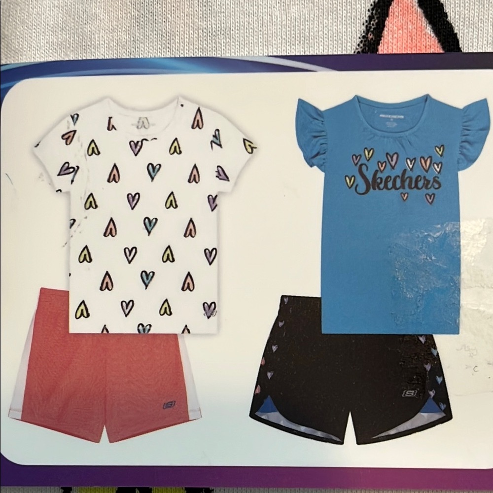 NWT 4-Pc Skechers Heart Print Tee and Shorts Set - White, Pink, Blue, Black
